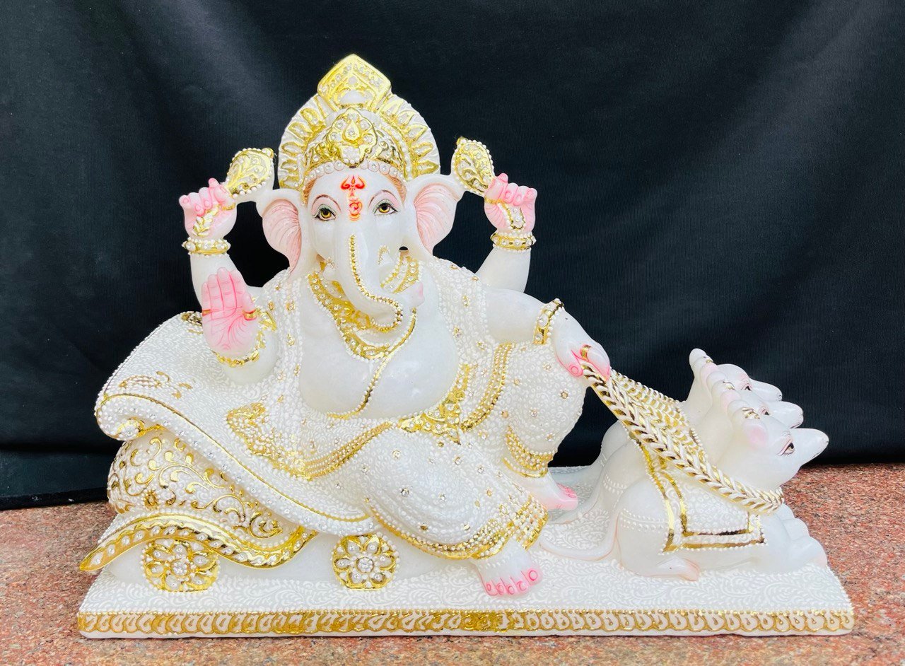 Reclining Ganesha white marble moorti – Pandey Moorti Art