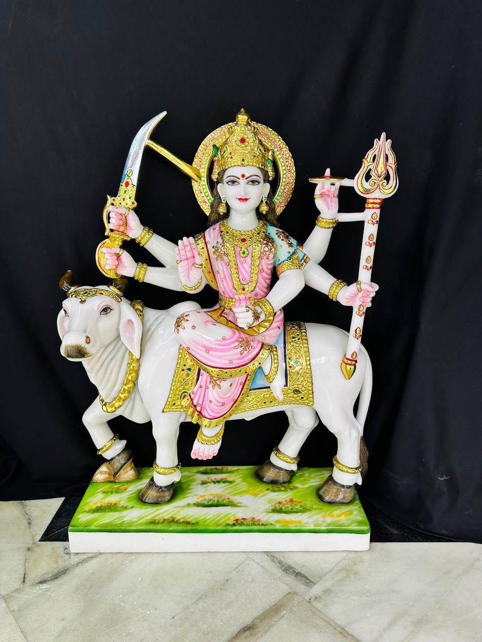 Durga Mata marble moorti on bull – Pandey Moorti Art