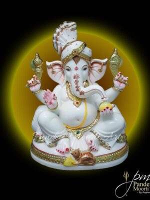 Lord Ganesh White Marble Moorti with Safa by Pandey Moorti Arts